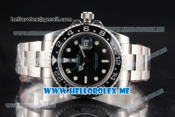 Rolex GMT-Master II Clone Rolex 3186 Automatic Stainless Steel Case/Bracelet with Black Dial and Dot Markers Black Bezel (BP) - Click Image to Close